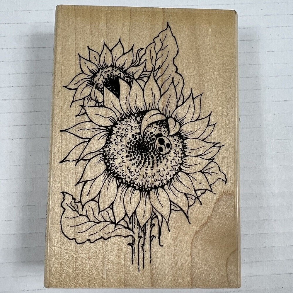 Vintage Sunflower Ladybug Wood Mounted Rubber Stamp 1995 by Stampendous! Large